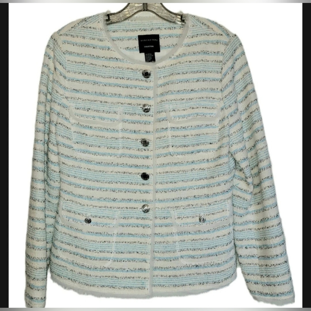 Doncaster Professional Plus Sz 12 Aqua White Tweed Silk Trim Business Boss Lady